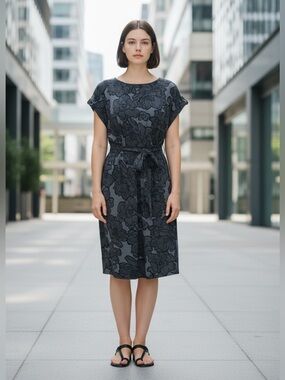 NEW, Reitmans, Floral Tie Waist Dress Medium, Gray Black Stretch Viscose Dress
